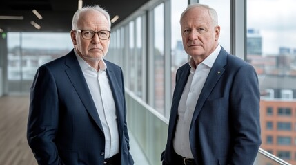 Fototapeta premium Two business professionals posing in a modern office environment.