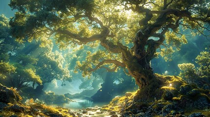 Enchanted Forest Landscape: Sunlight Through Trees and Stream