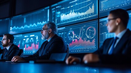 Professional team analyzing data on multiple screens in a modern office environment.