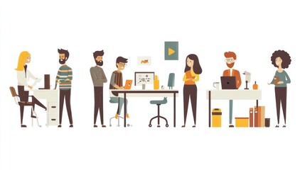 Obraz premium Flat design office people vector set, featuring diverse characters working together in a modern workspace