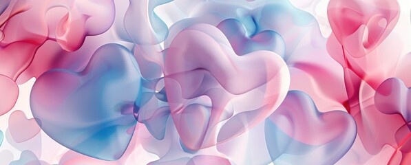 A digital illustration of abstract heart shapes in various shades and sizes, set against an artistic background with soft gradients and a sense of movement.