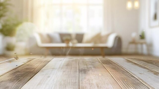 closeup empty wooden table in living room seamless looping overlay 4k virtual video animation background