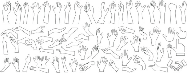 Hand gesture vector line art illustration, hand outline and hand expression in various postures, communication, diverse hand shapes for graphic design, animations, or digital projects