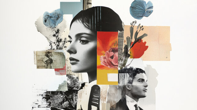 captivating collage featuring vintage photographs blended with modern elements, showcasing two profiles surrounded by artistic floral designs and textures. composition evokes sense of nostalgia and