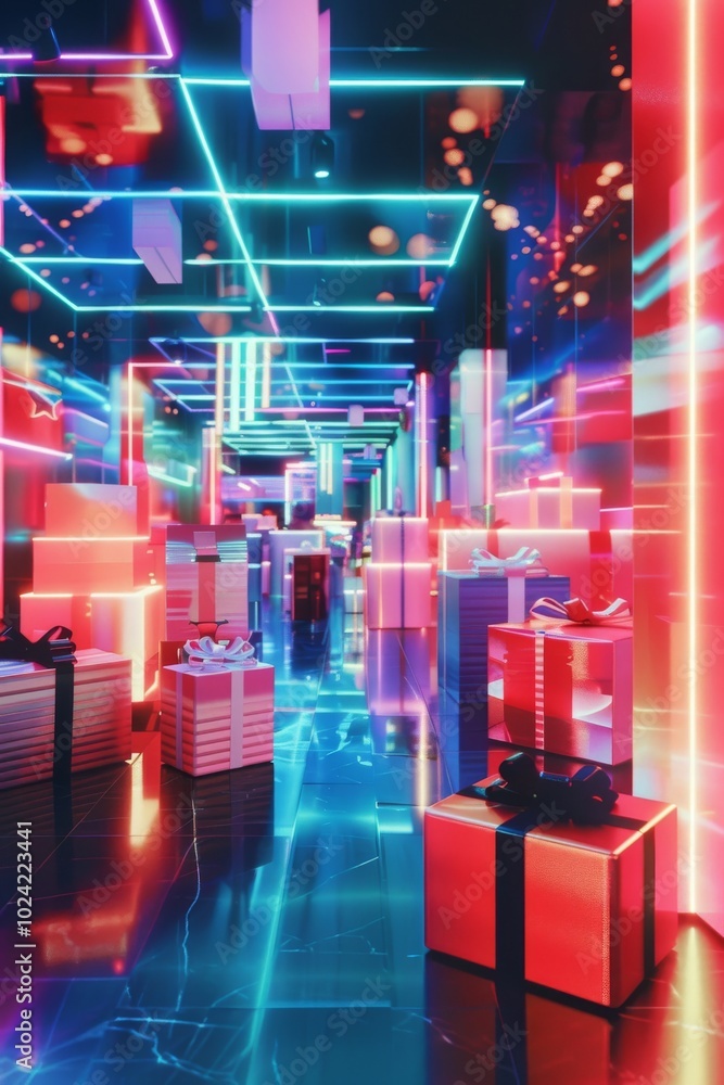 Poster A neon lighted room with many red boxes