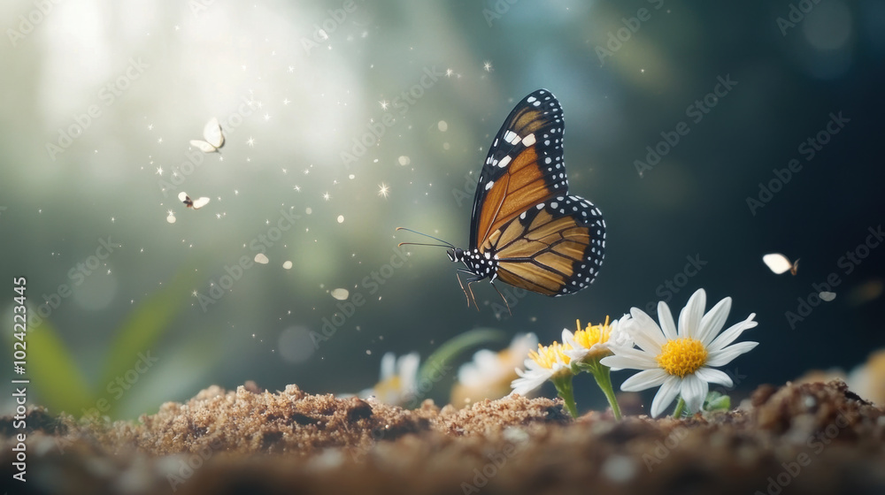 Poster detailed macro shot of butterfly landing on flowers, surrounded by dreamy atmosphere with soft light