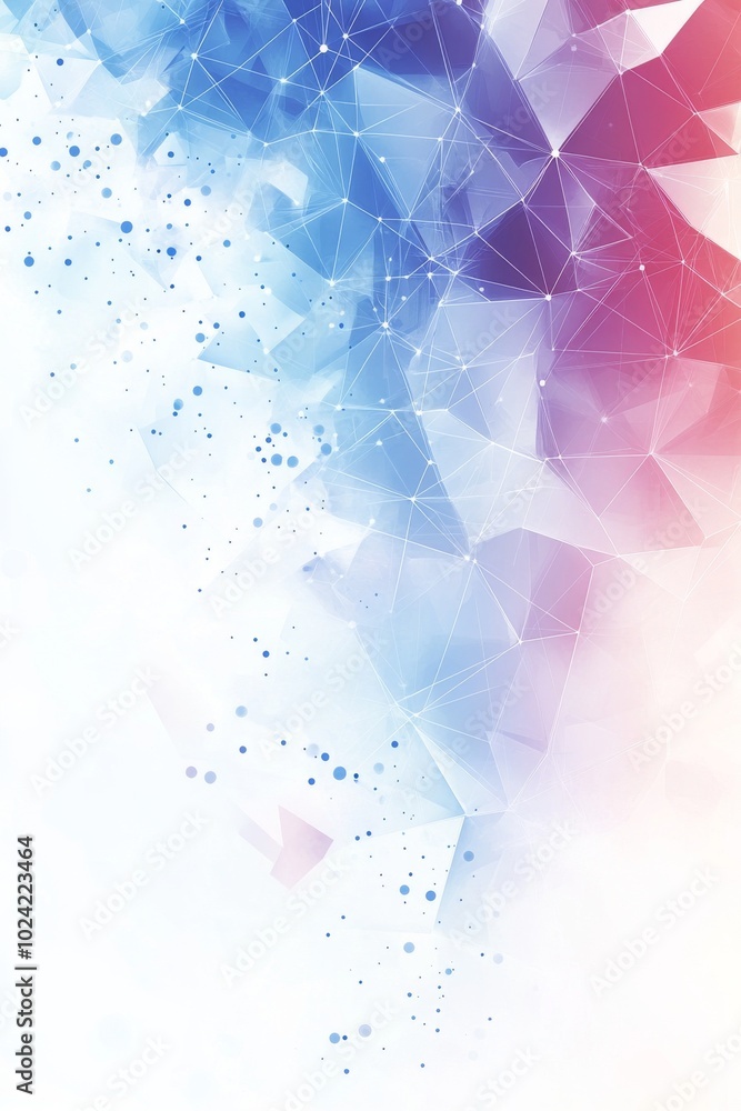 Poster an abstract composition features a blend of triangular shapes in various shades of blue and pink, cr