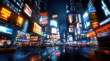 vibrant cyberpunk cityscape featuring neon signs and holographic displays, illuminated by glow of advertisements. scene captures bustling energy of futuristic urban environment