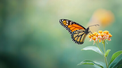 Obraz premium detailed macro shot of butterfly landing on flower, showcasing vibrant colors and delicate features. scene evokes sense of tranquility and beauty in nature