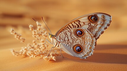 Fototapeta premium Butterfly with Intricate Wing Patterns Perched on a Dried Plant in a Desert Dune, Close-Up 