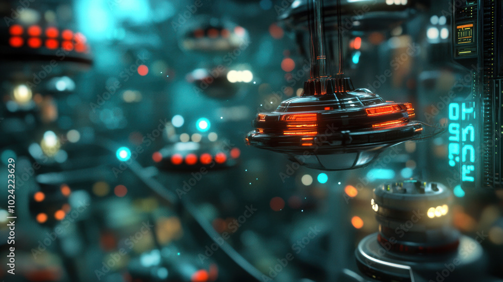 Poster futuristic landscape featuring floating cars and neon lights, creating vibrant and dynamic atmospher