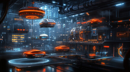 Futuristic landscape featuring floating cars in neon lit environment, showcasing advanced technology and vibrant atmosphere. scene evokes sense of wonder and innovation