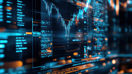 Fototapeta premium Futuristic trading terminal displaying glitching data and stock market trends, showcasing vibrant blue and orange colors. digital interface reflects advanced technology and market analysis