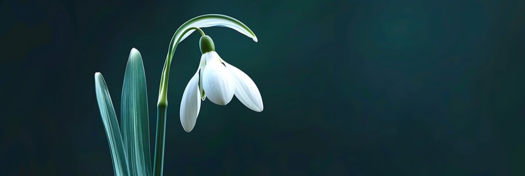A striking white snowdrop flower isolated on a dark green background.