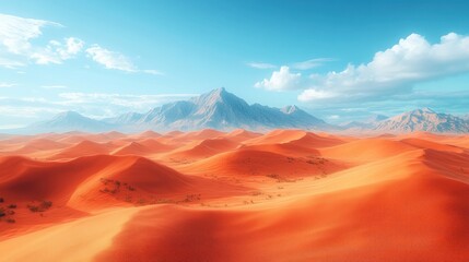 Naklejka premium A vast, sun-drenched desert landscape with towering mountains in the distance, under a clear blue sky with fluffy white clouds. 