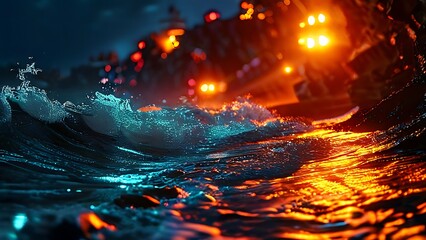 Nighttime ocean waves illuminated by glowing lights