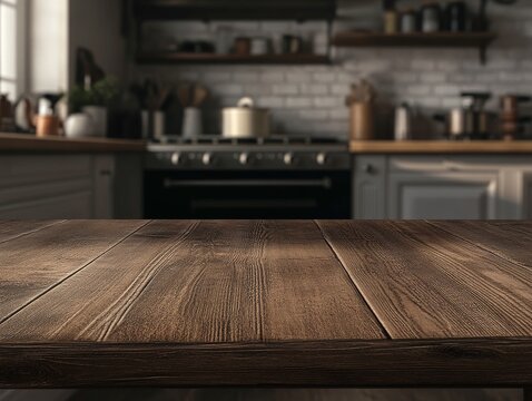 2408 21.A textured wooden table top, rich in natural tones and grain, set against a softly blurred kitchen background filled with subtle hints of appliances and decor. The warm hues of the wood