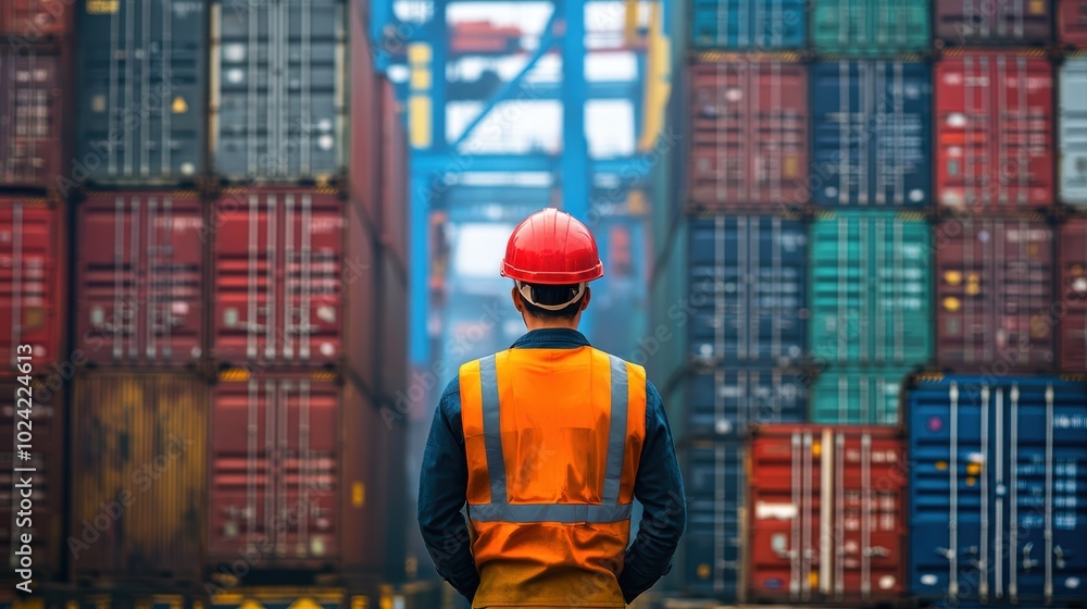 Poster an engineer from behind at busy port full with ships and containers..