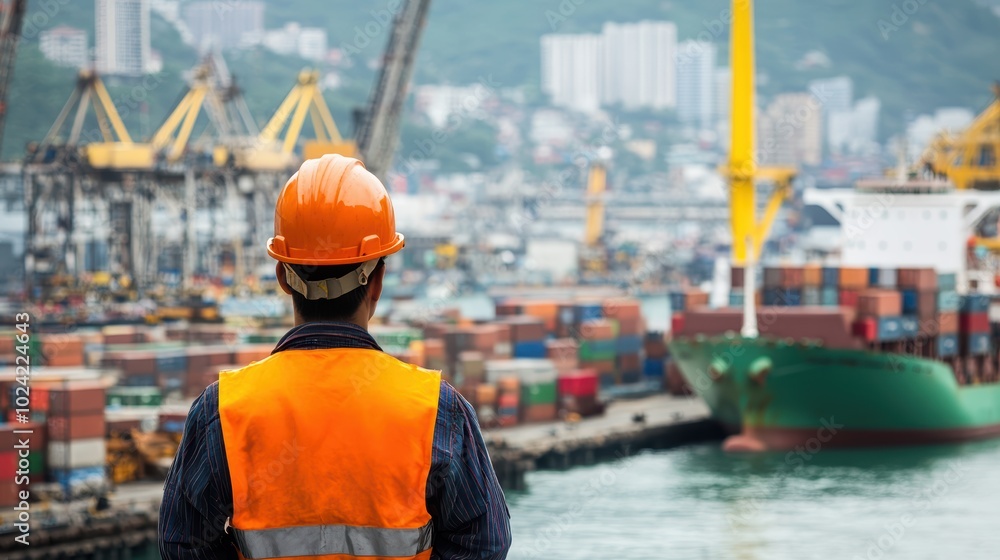 Poster an engineer from behind at busy port full with ships and containers..
