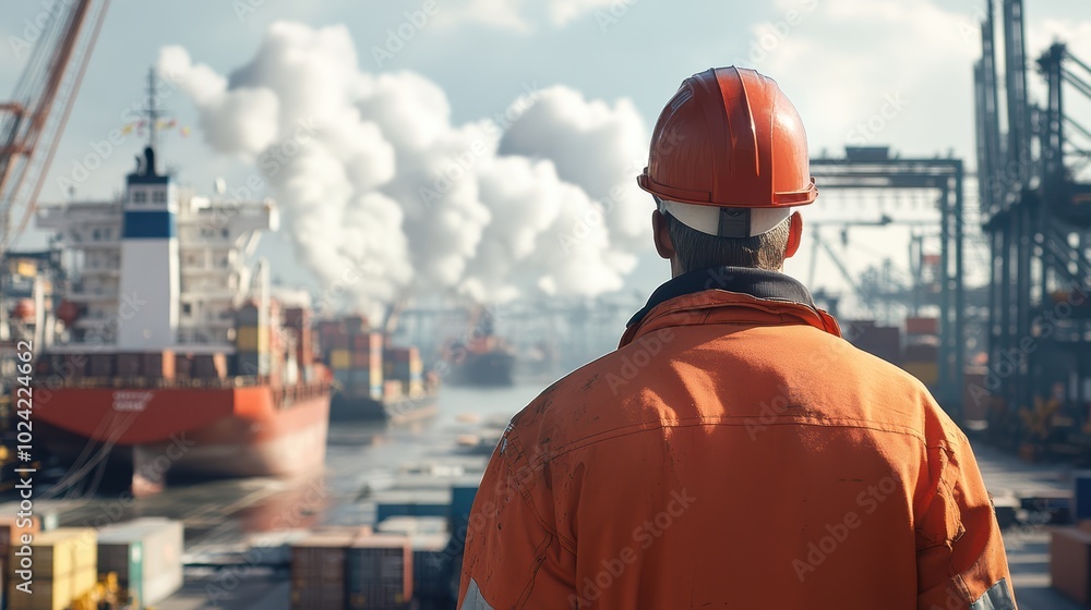 Poster an engineer from behind at busy port full with ships and containers..