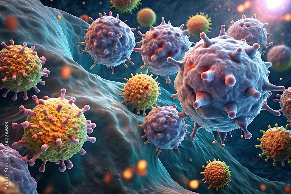 Poster microscopic view of diverse viruses and bacteria in action