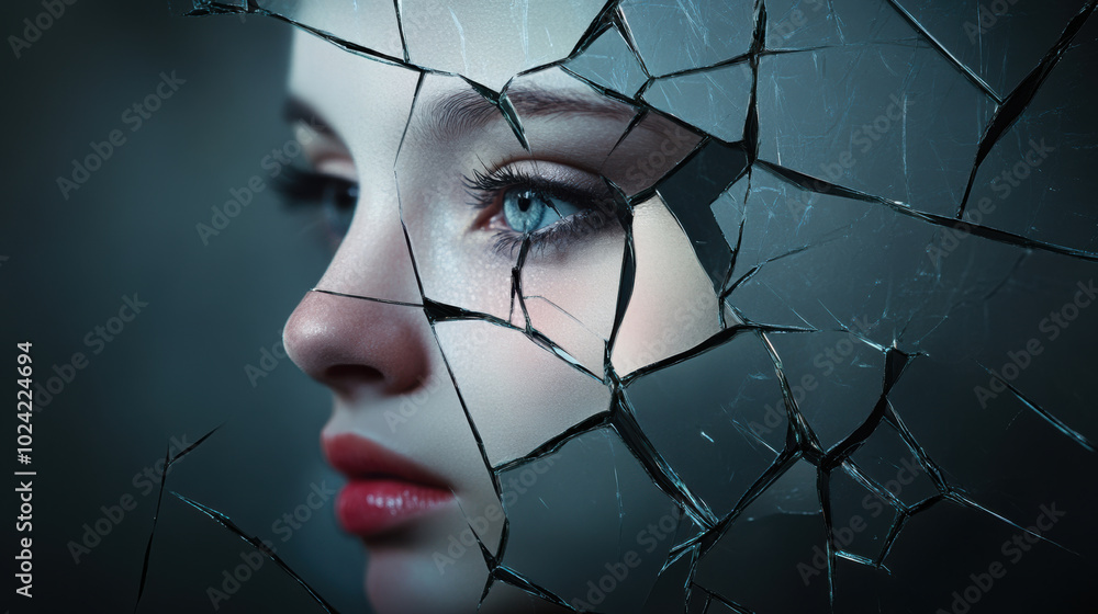 Poster close up of womans face partially obscured by shattered glass, creating striking visual effect. refl