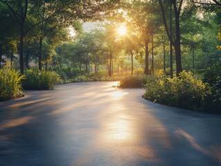 Naklejka premium 2408 27.An expansive empty street garden, featuring a smooth tarmac floor reflecting the warm light of the rising sun. The early morning rays cast gentle shadows among the trees and plants, creating