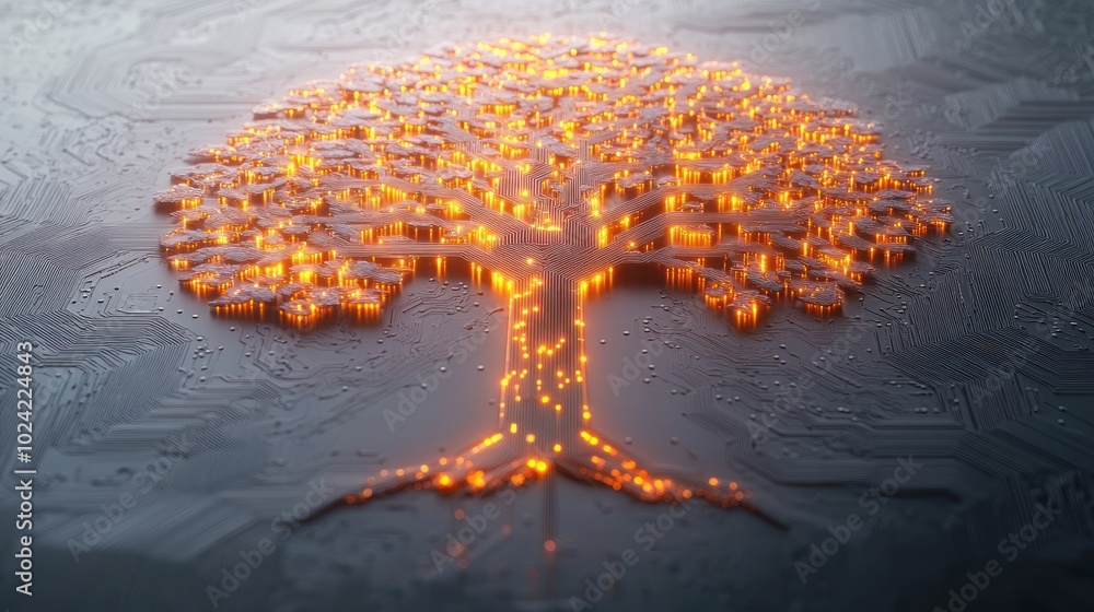 Poster a glowing tree shape formed from circuit board wires on a circuit board background.
