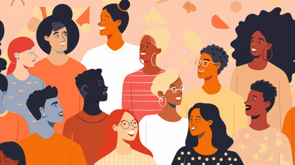 A diverse group of people from various ethnic backgrounds smiling and interacting.