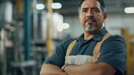 Fototapeta premium Candid shot of a confident Hispanic male factory worker with arms crossed, industrial construction industry.