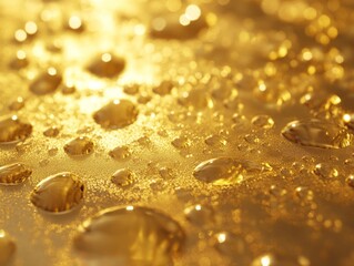 2408 31.A captivating close-up view of glistening gold drops of oil resting on a smooth, reflective surface, capturing the light in a dazzling display. The droplets vary in size, creating an organic