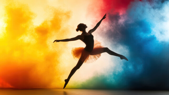 dancer mid spin in vibrant silhouette, surrounded by colorful smoke, exuding grace and energy. dynamic movement captures essence of dance
