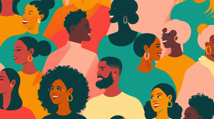 A diverse group of people from various ethnic backgrounds smiling and interacting.