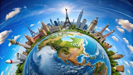 Travel destinations captured with a fisheye lens against a clear blue sky