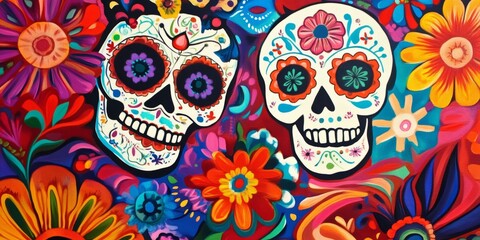 Day of the Dead motifs on a vibrant abstract backdrop.