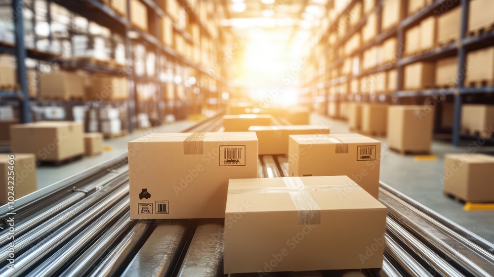 Poster conveyor belt in a distribution warehouse with row of cardboard box packages for e-commerce delivery