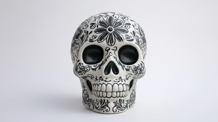 Obraz premium A detailed black and white ceramic skull adorned with floral patterns, perfect for Day of the Dead or Halloween themes.