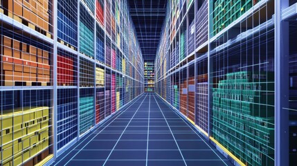 digital warehouse with electronic grids connected to a bar code scanner.       