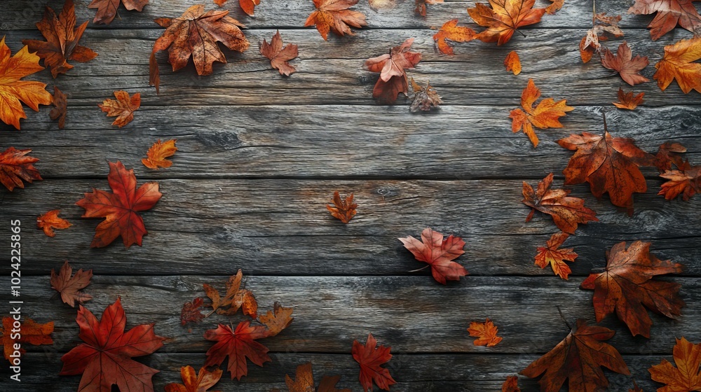 Poster A wooden surface covered in autumn leaves