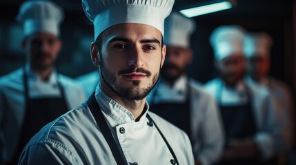 A confident chef stands in focus, surrounded by fellow chefs in a professional kitchen.