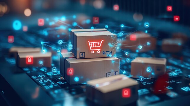 Distribution and logistics concept of global digital internet marketing and business e-commerce banner graphic concept showing global network and social media connection technology.