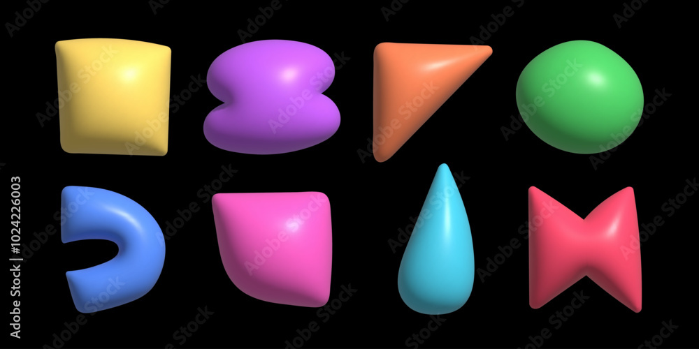 Poster trendy 3d inflated shapes collection. plastic render effect vector doodle form set.