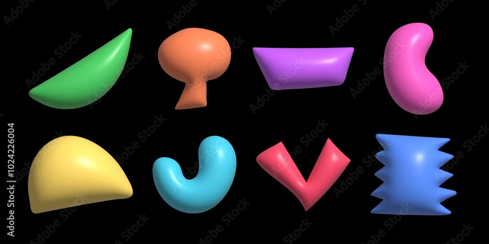 Poster trendy 3d inflated shapes collection. plastic render effect vector doodle form set.