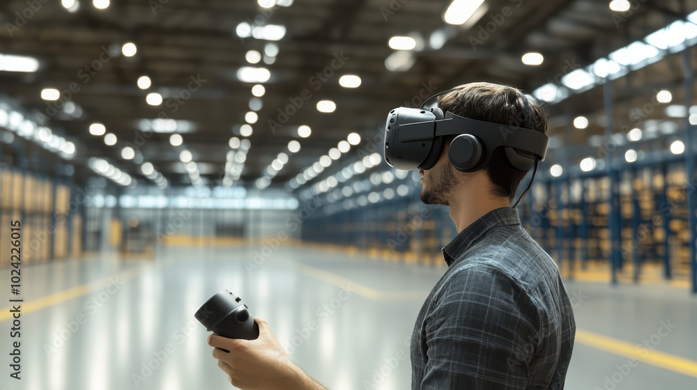 Poster exploring virtual reality in a modern warehouse generative ai image