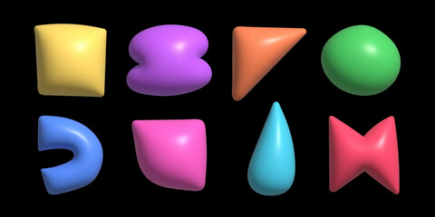 Trendy 3d inflated shapes collection. Plastic render effect vector doodle form set. 