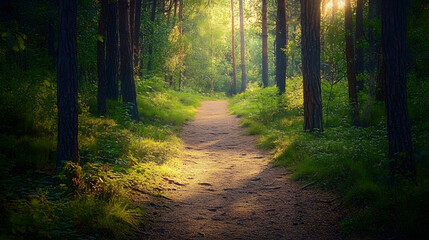 Obraz premium Nature trail and hiking path in forest. Forest scene with hiking path, straight trail through forest