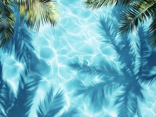 2408 55.An idyllic top view of serene blue water, characterized by subtle ripples that suggest movement and tranquility. The shadows cast by palm leaves create a beautiful contrast against the