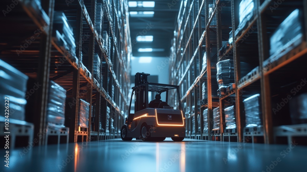 Poster forklift doing storage in warehouse by artificial intelligence automation. robotics applied to indus