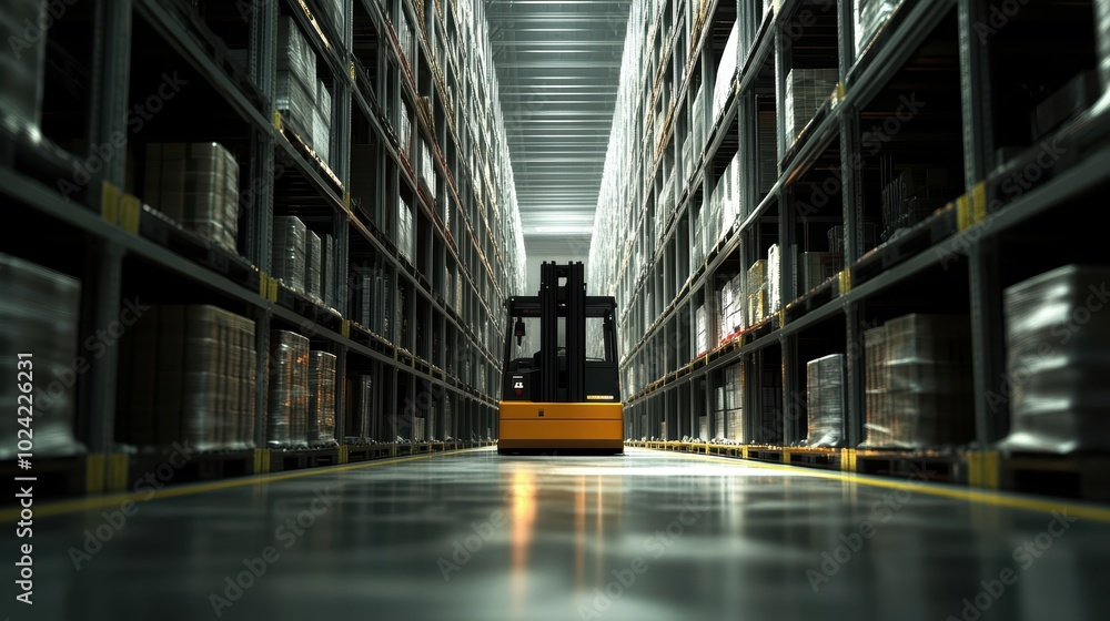 Poster forklift doing storage in warehouse by artificial intelligence automation. robotics applied to indus