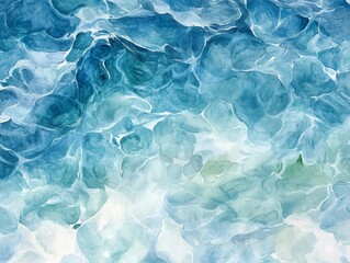 Obraz premium 2408 63.A delicate watercolor painting of a water surface, showcasing an abstract array of fluid shapes and colors. The varying shades of blue intermingle with hints of green and white, creating an